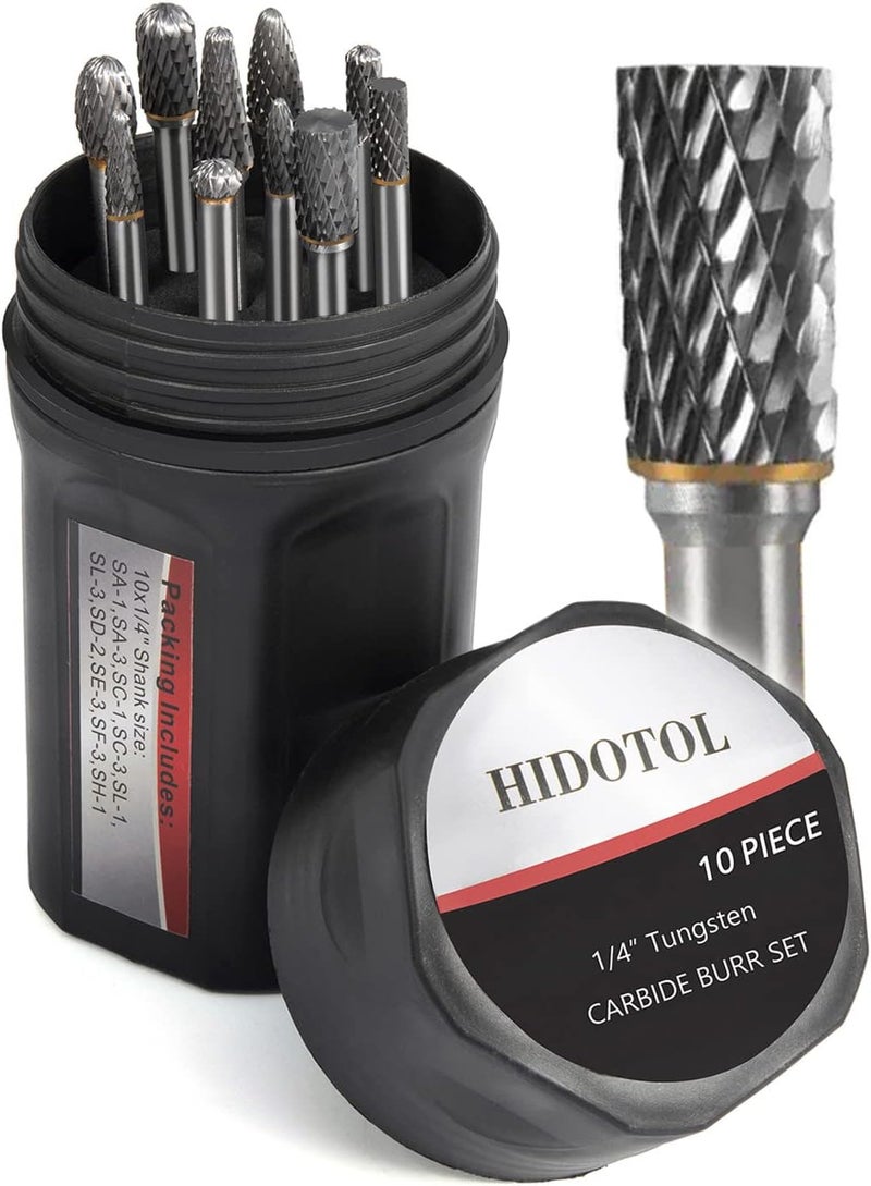 HIDOTOL Carbide Burr Set 1/4" Shank 10PC Tungsten Double Cut Carbide Rotary Burr Set for Metal and Wood Carving, Grinding, Polishing, Engraving, Drilling in Sturdy Round Case. - Image 1